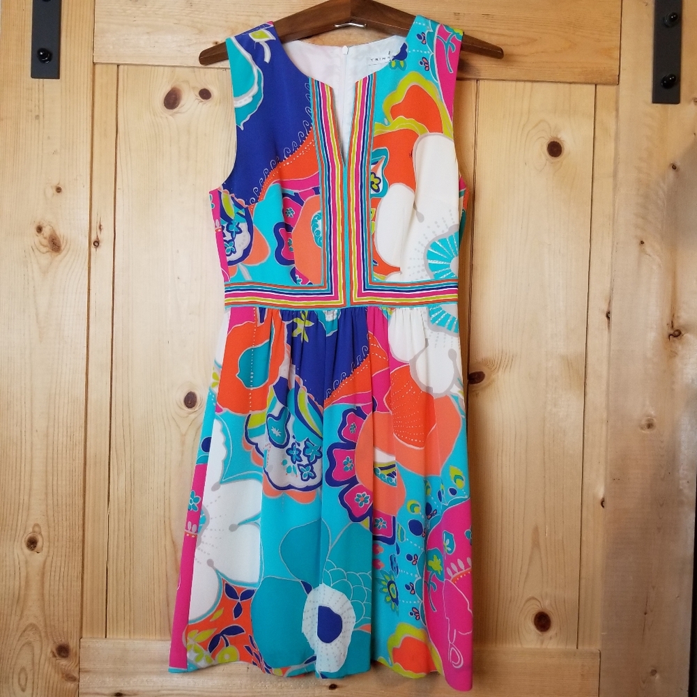Trina Turk 100% Silk Floral Motif Bright Color Sleeveless Fit & Flare Dress